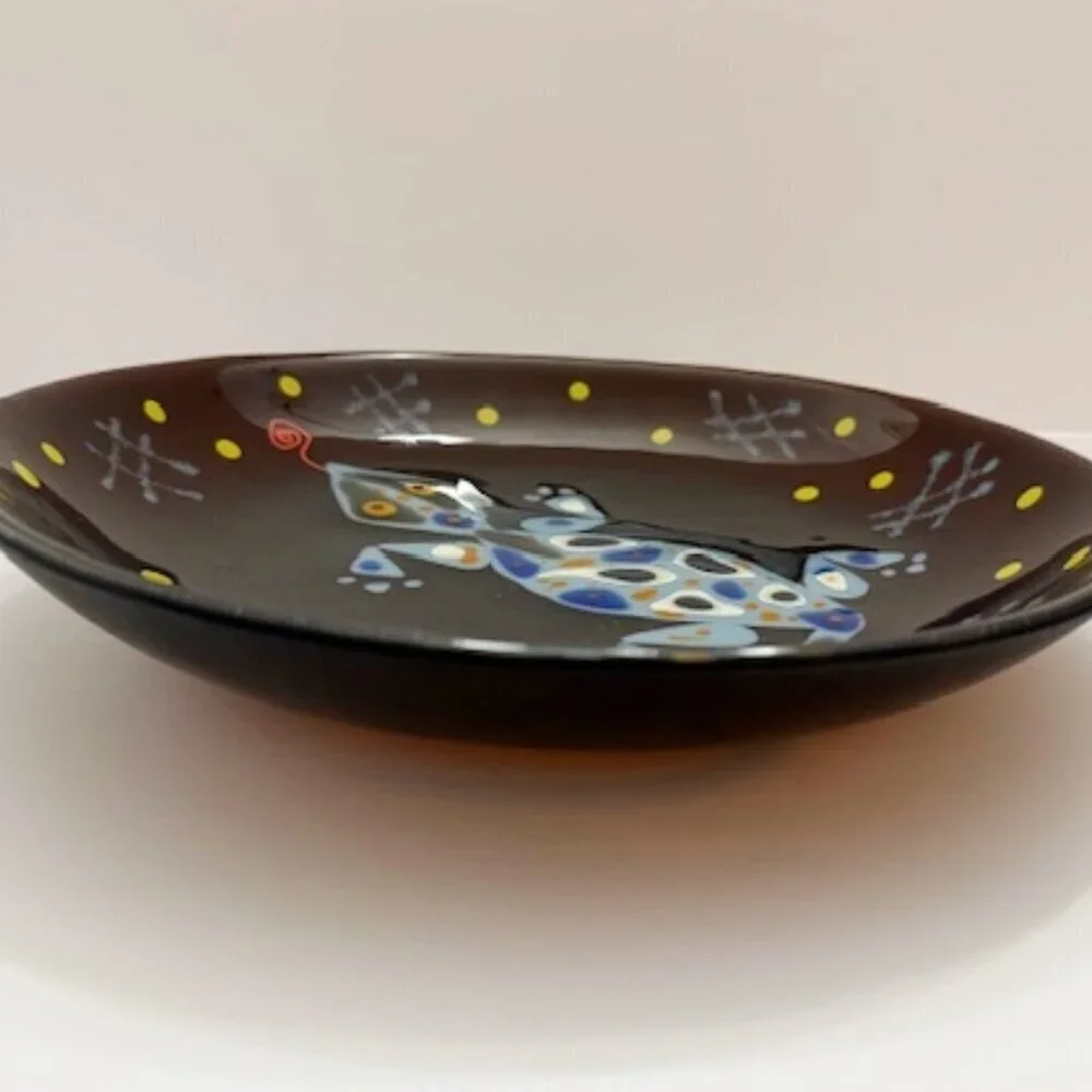 Vintage Artisan Handcrafted Pop Art Glass Lizard Gecko Bowl / Plate Signed